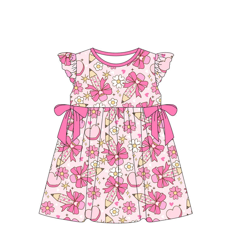 Baby Girl Pencils Bows Hearts Flowers Back To School Pink Dress RTS