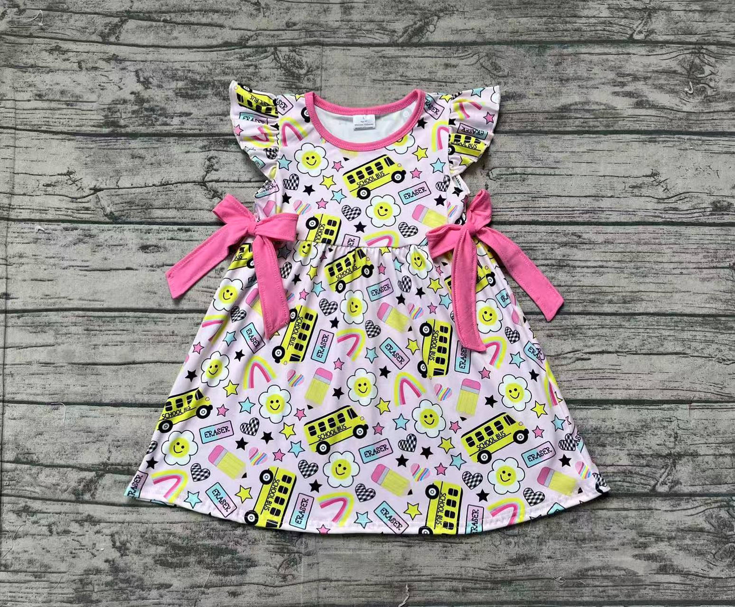 Baby Girl Short Sleeves Pencils Bus Bows Back To School Pink Dress RTS