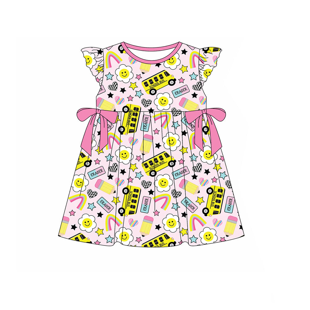 Baby Girl Short Sleeves Pencils Bus Bows Back To School Pink Dress RTS