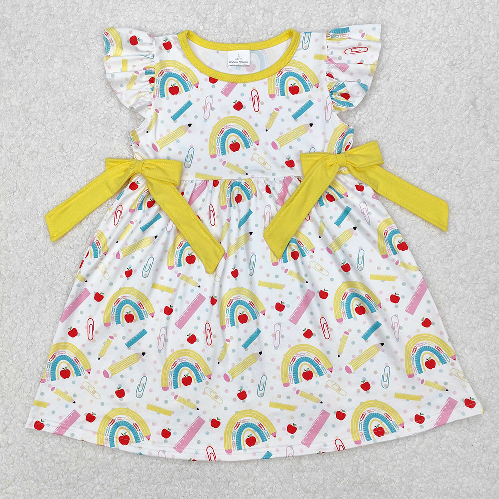Baby Girl Toddler Back To School Rainbow Pencils Sibling Yellow Dress Outfit Clothes RTS