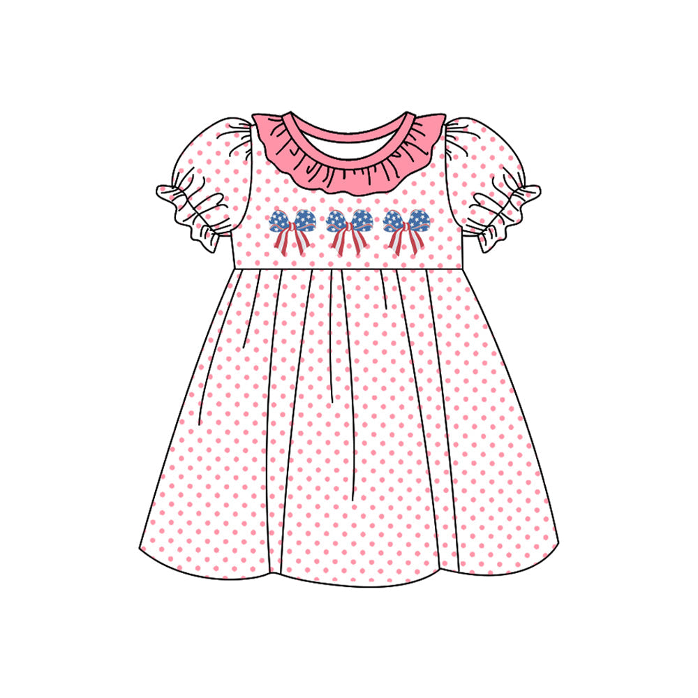 Preorder Baby Girl Short Sleeves July 4th Bows Knee Length Dress