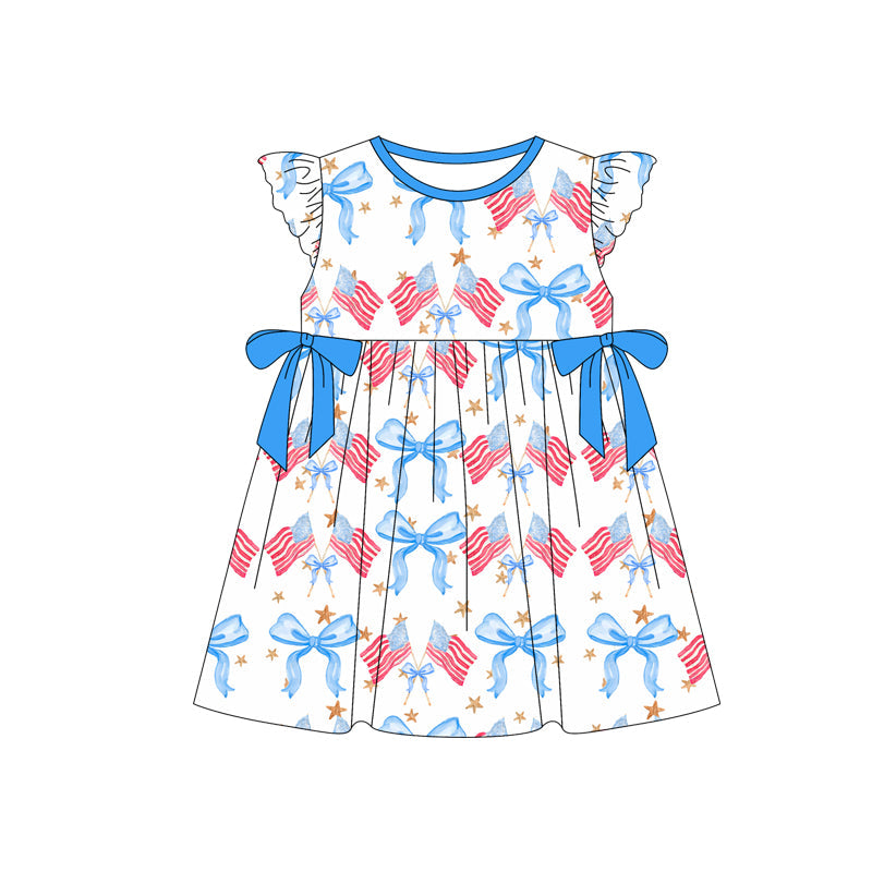 Baby Girl Short Sleeves July 4th Bows Flags Knee Length Dress RTS