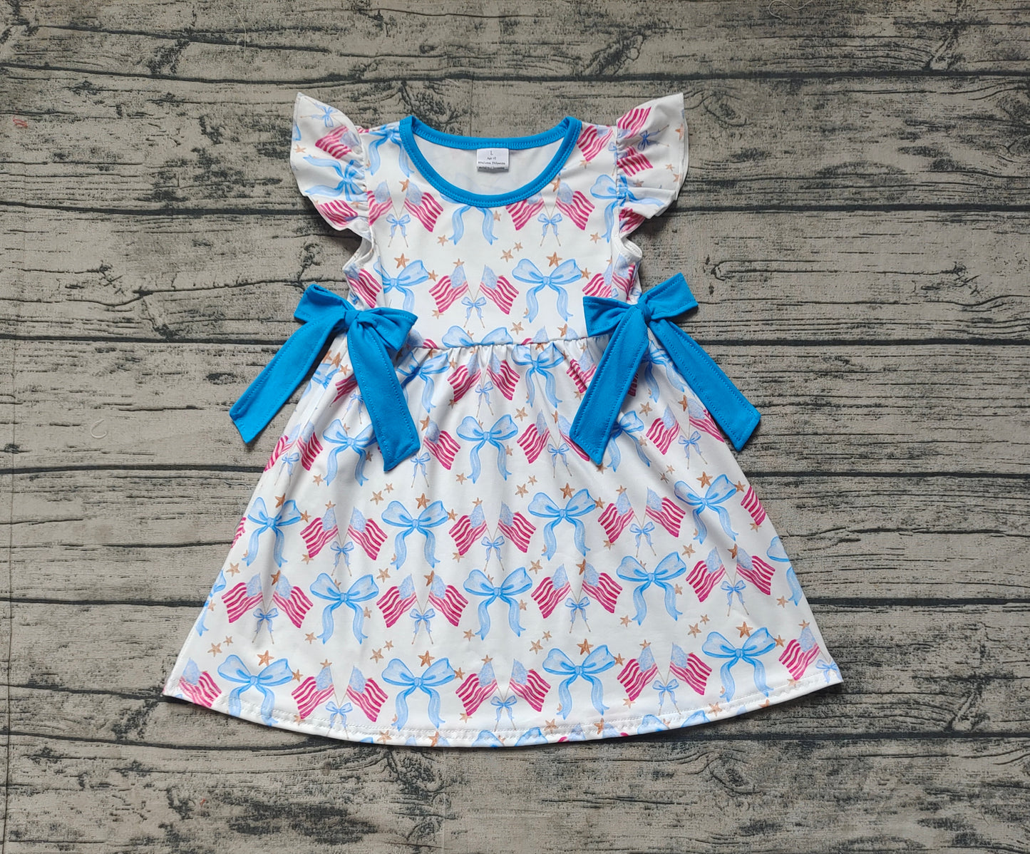 Baby Girl Short Sleeves July 4th Bows Flags Knee Length Dress RTS