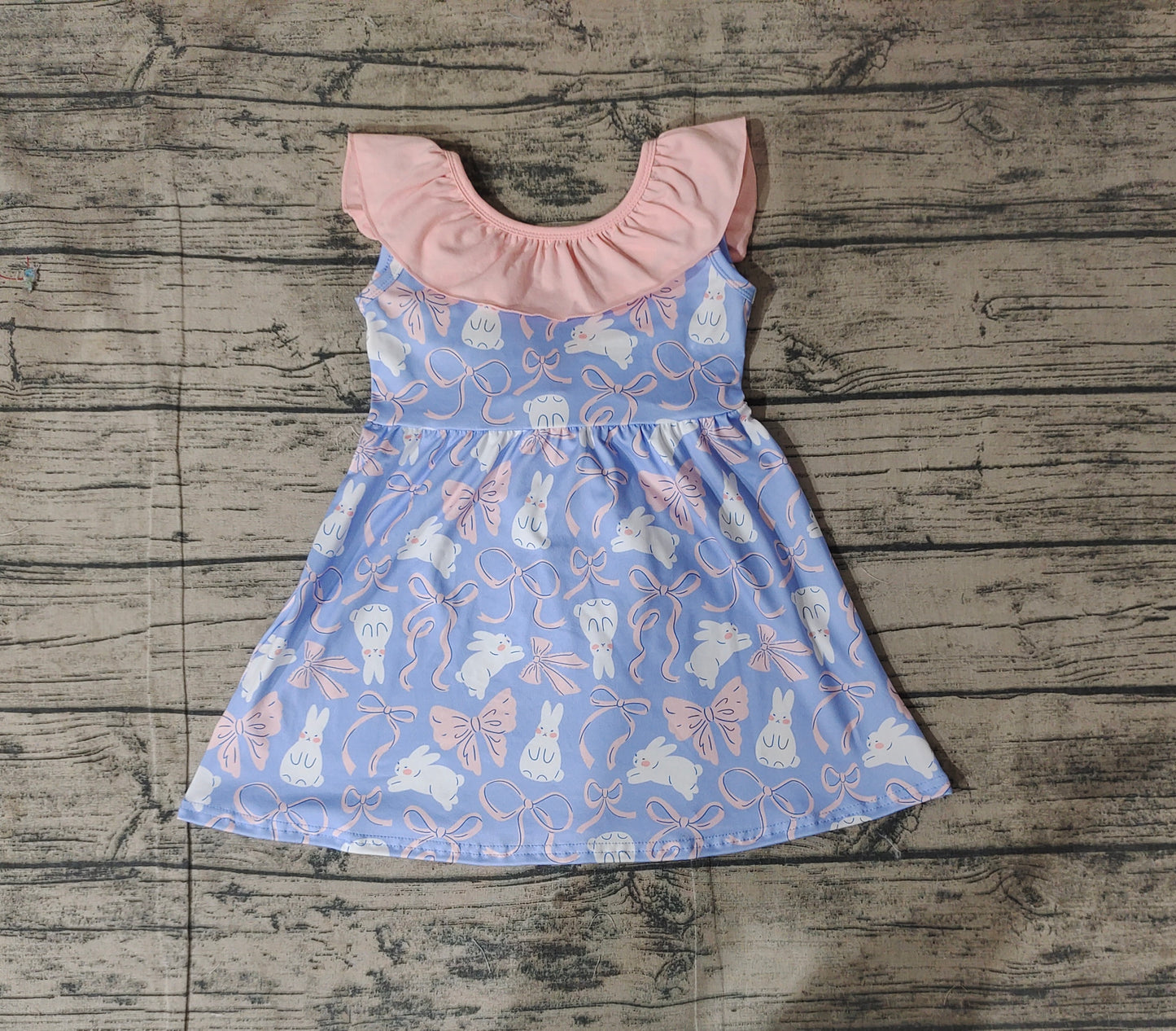 Baby Girl Sleeveless Easter Rabbits Bows Knee Length Dress RTS