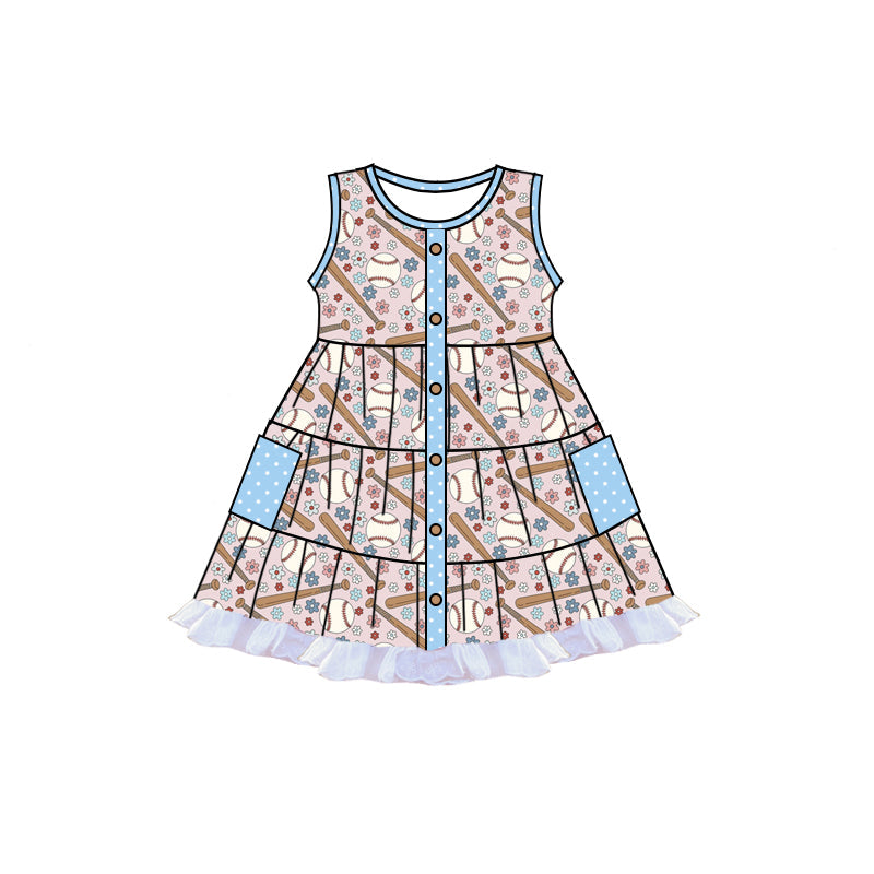 Preorder Baby Girl Sleeveless Baseball Floral Pockets Ruffle Knee Length Dress