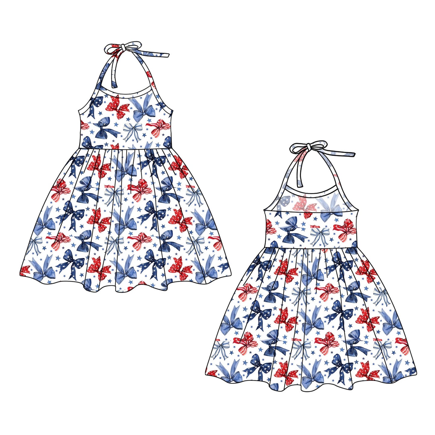 Preorder Baby Girl July 4th Bows Halter Knee Length Dress