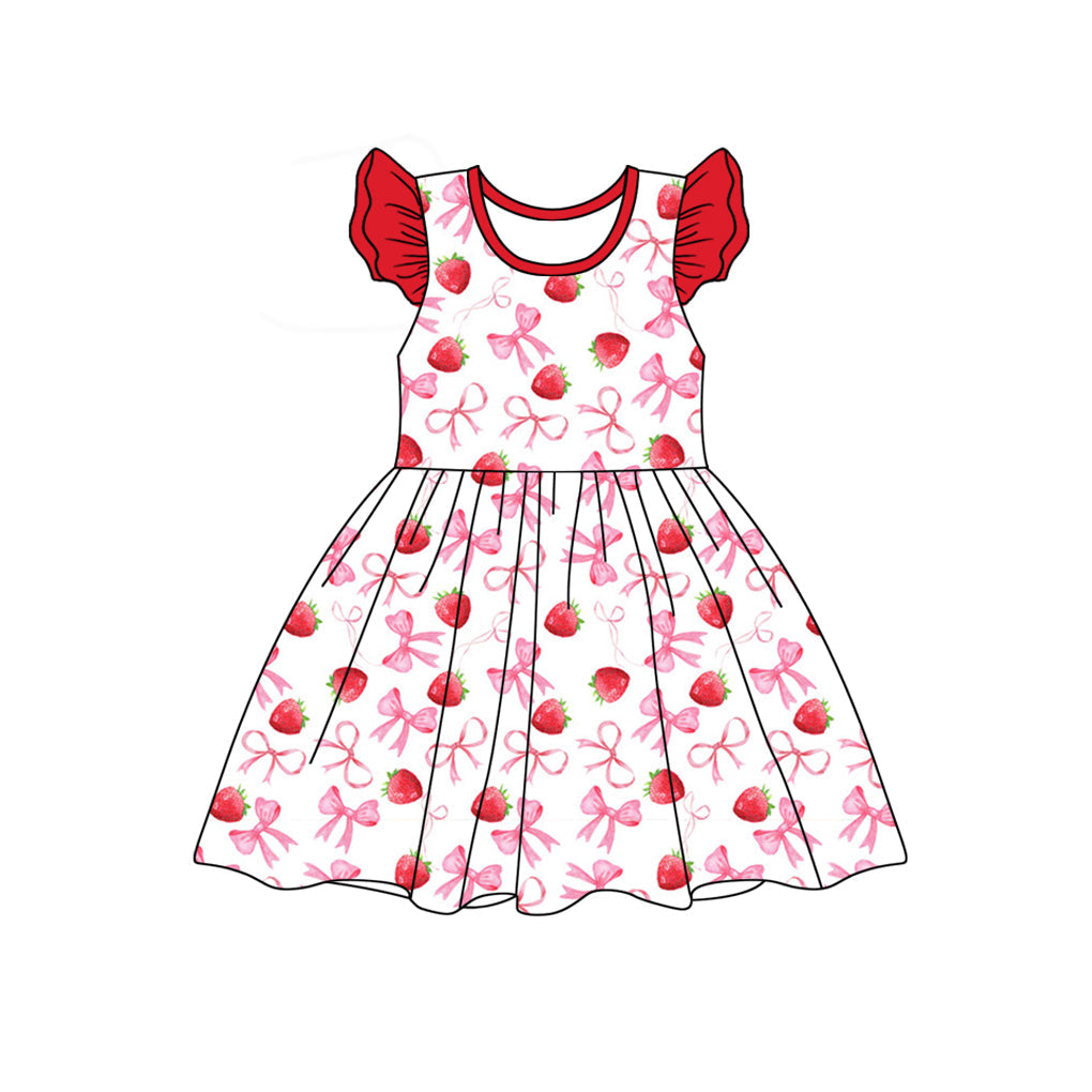 Preorder Baby Girl Short Sleeves Strawberry Bows Knee Length Dress