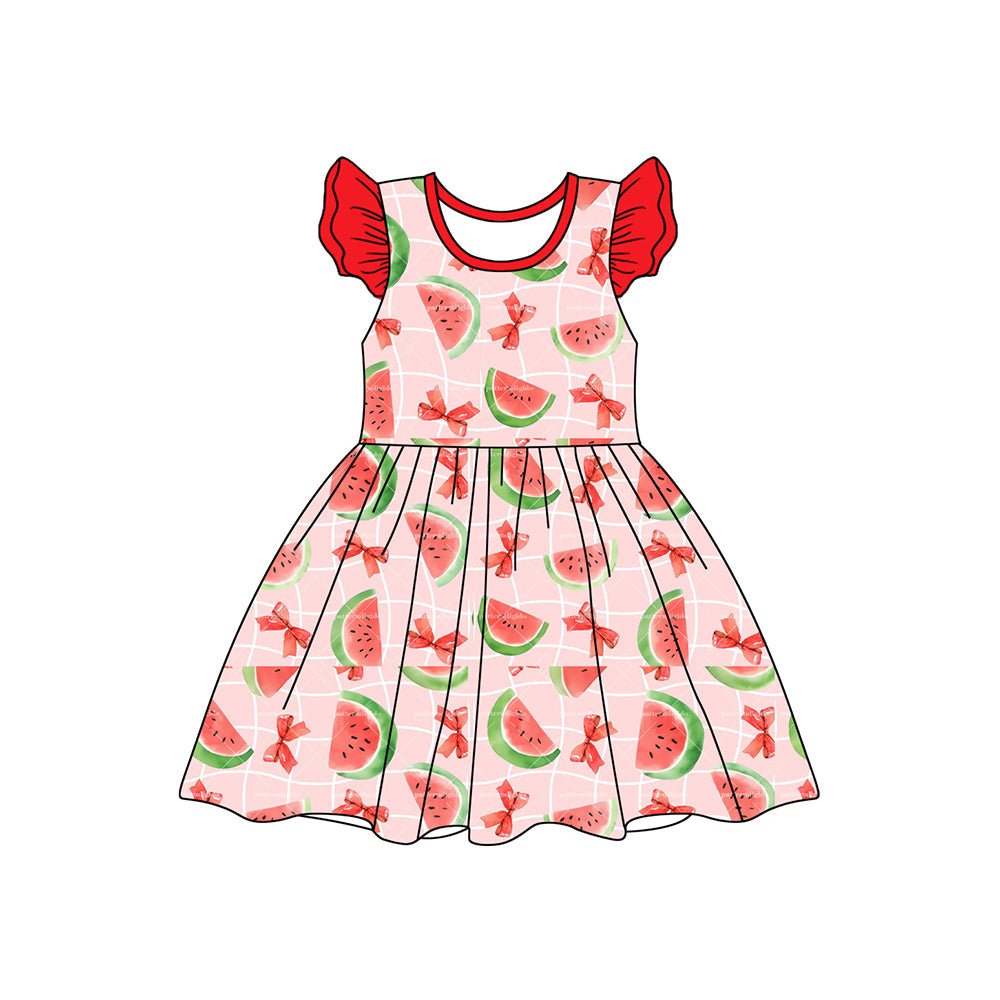 Preorder Baby Girl Short Sleeves Watermelon Bows Knee Length Dress