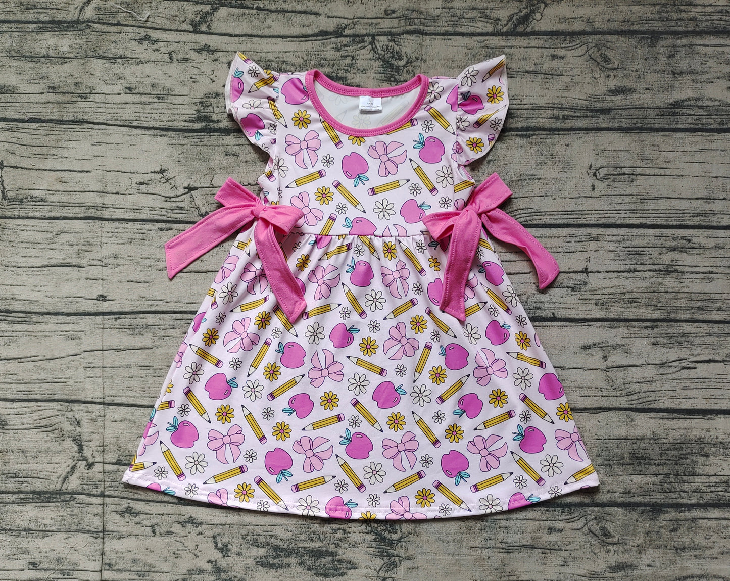 Baby Girl Short Sleeves Back To School Bows Knee Length Dress RTS