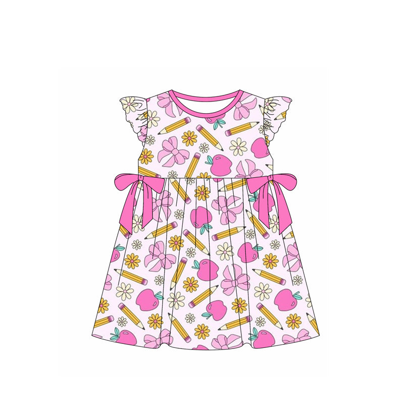 Baby Girl Short Sleeves Back To School Bows Knee Length Dress RTS