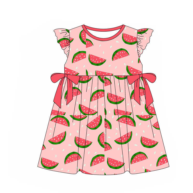 Preorder Baby Girl Short Sleeves Watermelon Bows Knee Length Dress
