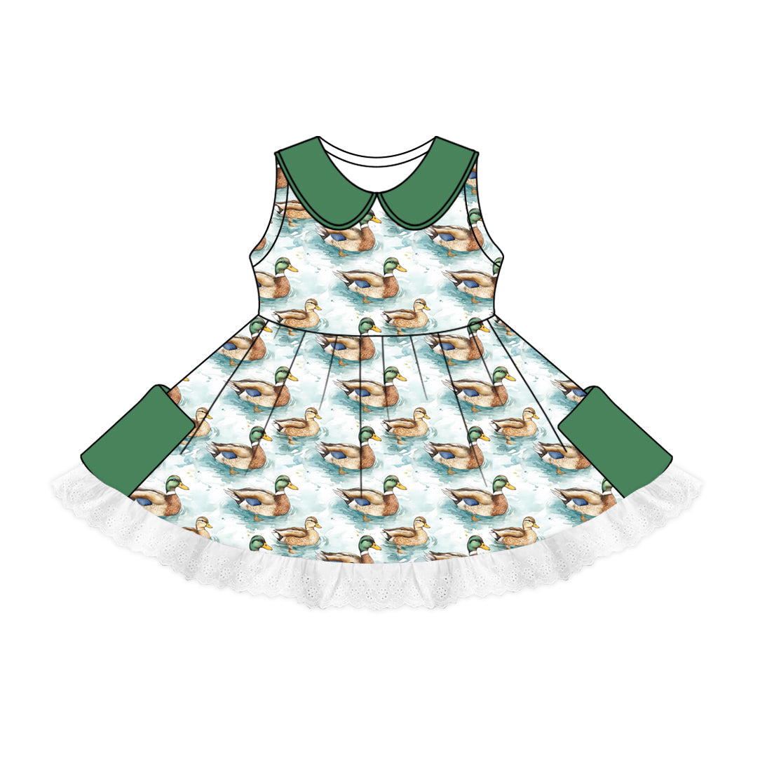 Preorder Baby Girl Sleeveless Ducks Green Pocket Twirl Knee Length Dress