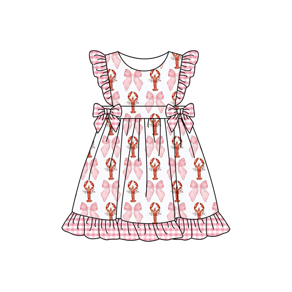 Preorder Baby Girl Short Sleeves Crawfish Pink Bows Knee Length Dress