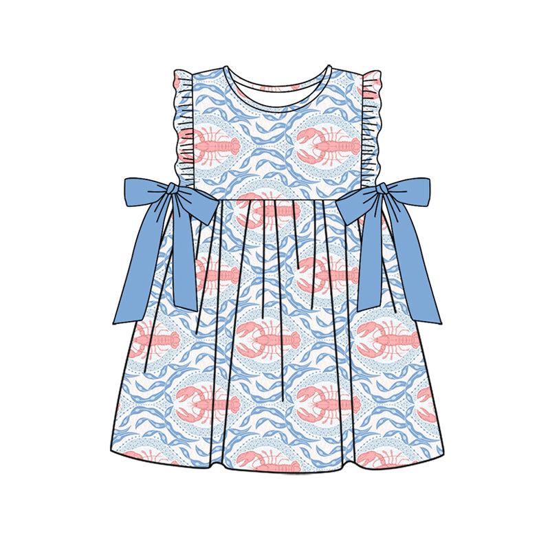 Preorder Baby Girl Sleeveless Crawfish Blue Bows Knee Length Dress