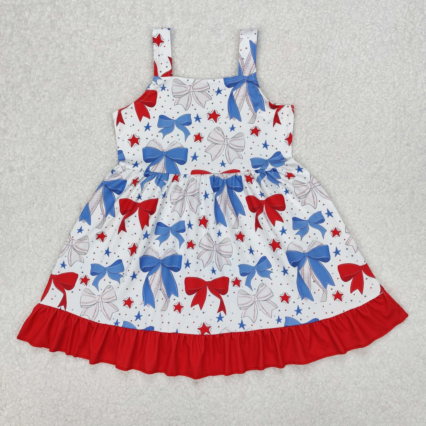 Sibling Baby Girls Kids Straps Stars Bows 4th of July Ruffle Knee Length Dresses RTS