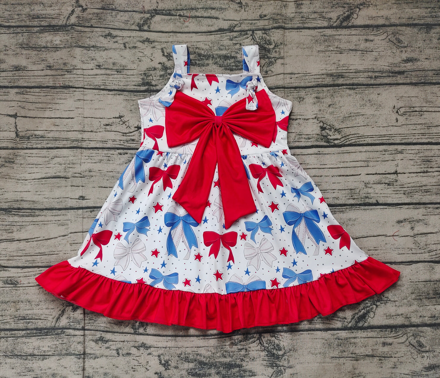 Baby Girl July 4th Straps Baseball Bows Knee Length Dress RTS