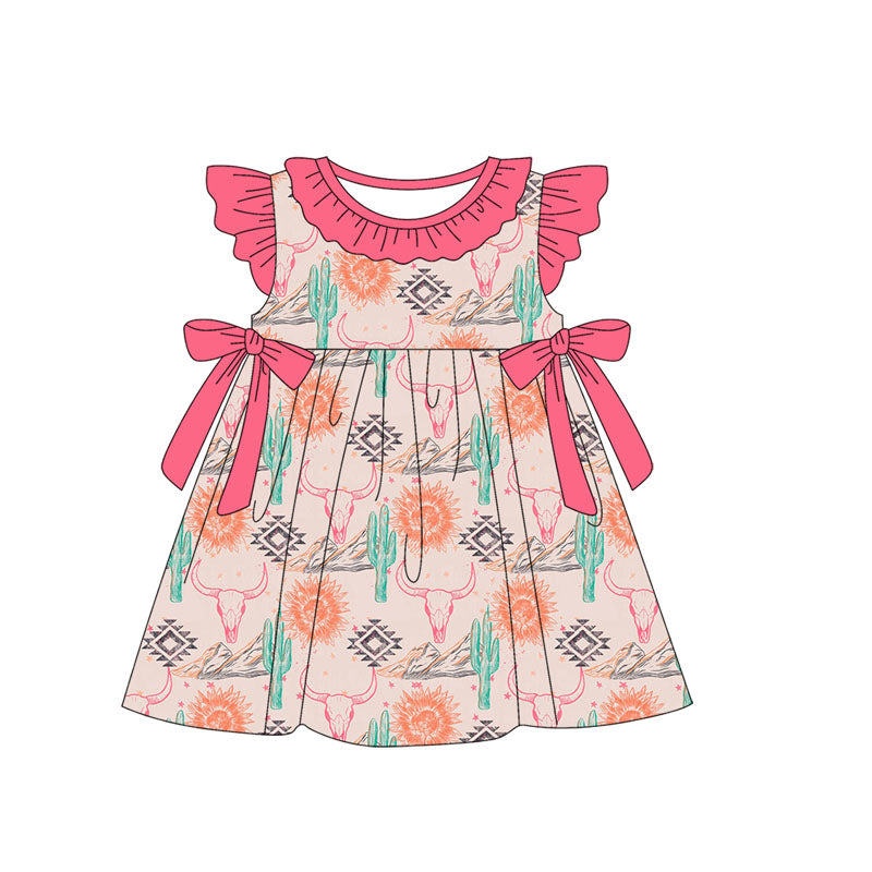 Preorder Baby Girl Short Sleeves Western Aztec Cow Cactus Bows Knee Length Dress ( Moq 5 )