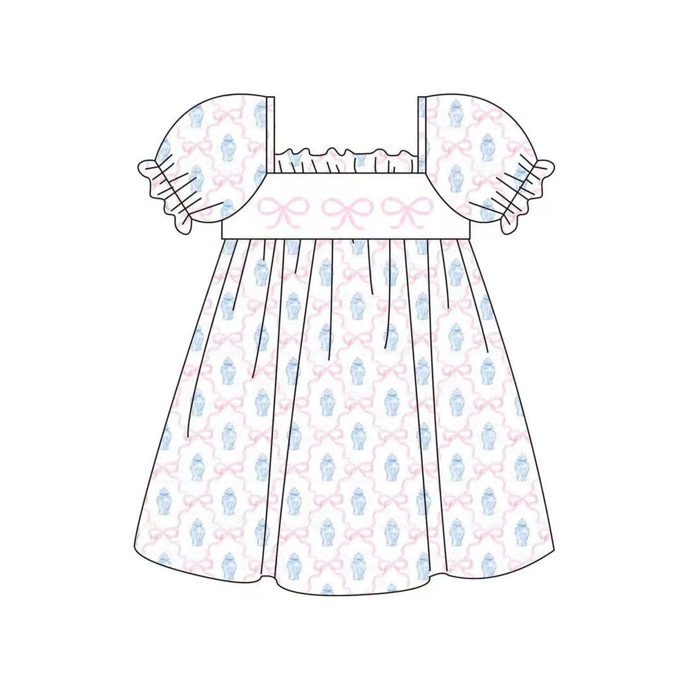 Preorder Baby Girl Short Sleeves Bows Knee Length Dress ( Moq 5 )