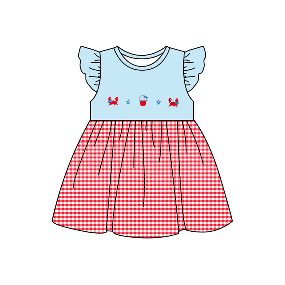 Preorder Baby Girl Short Sleevse Crabs 4th Of July Knee Length Dress ( Moq 5 )