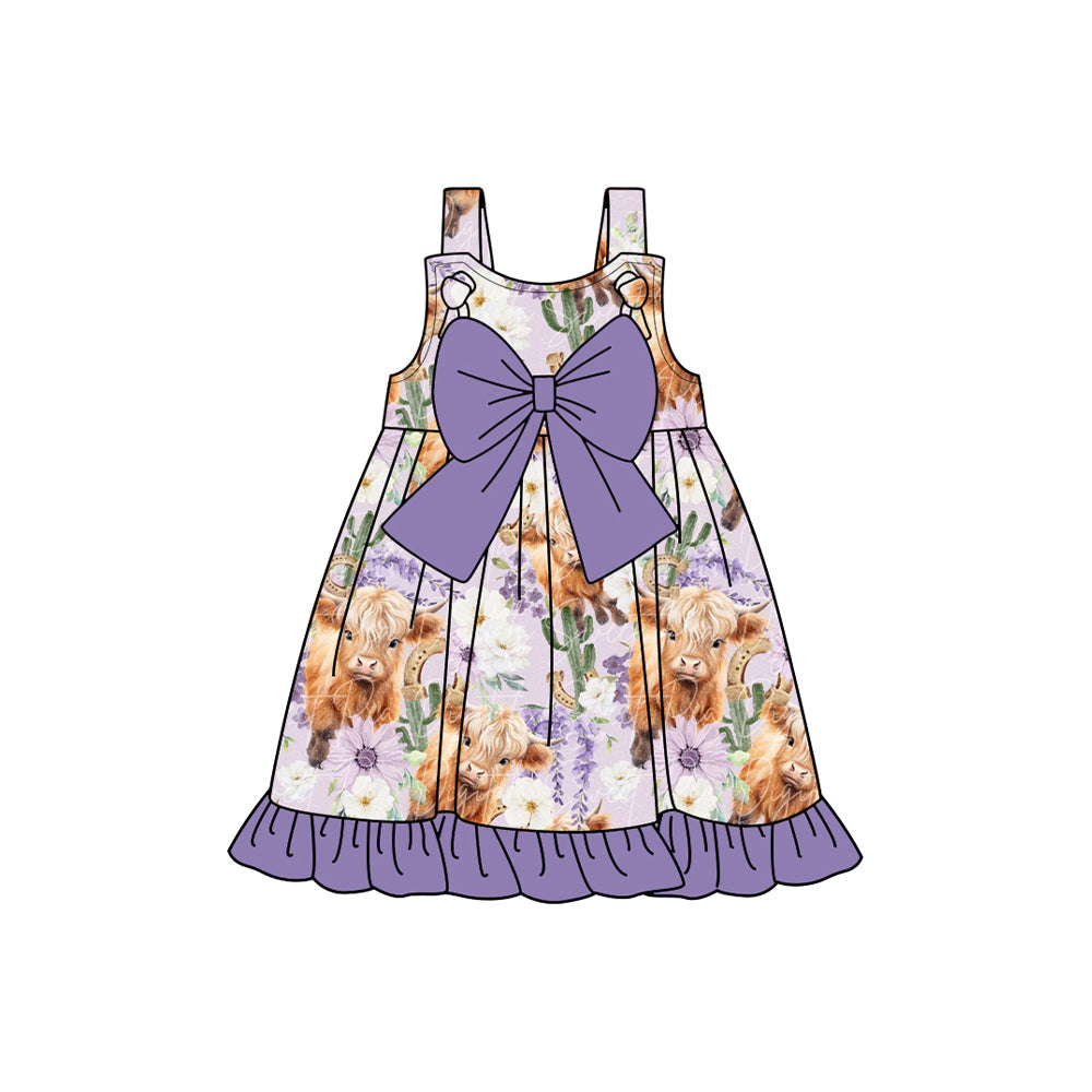 Preorder Baby Girl Straps Western Cow Flower Cactus Purple Bow Dress ( Moq 5 )
