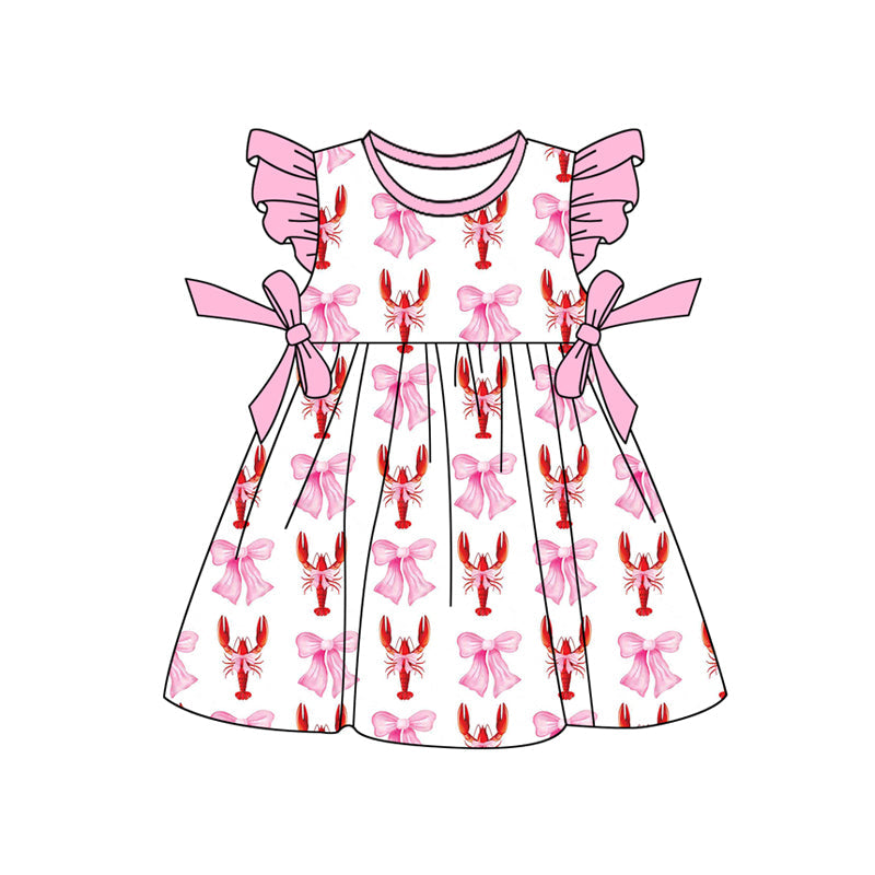Baby Girl Short Sleeves Pink Bows Crawfish Knee Length Dress RTS