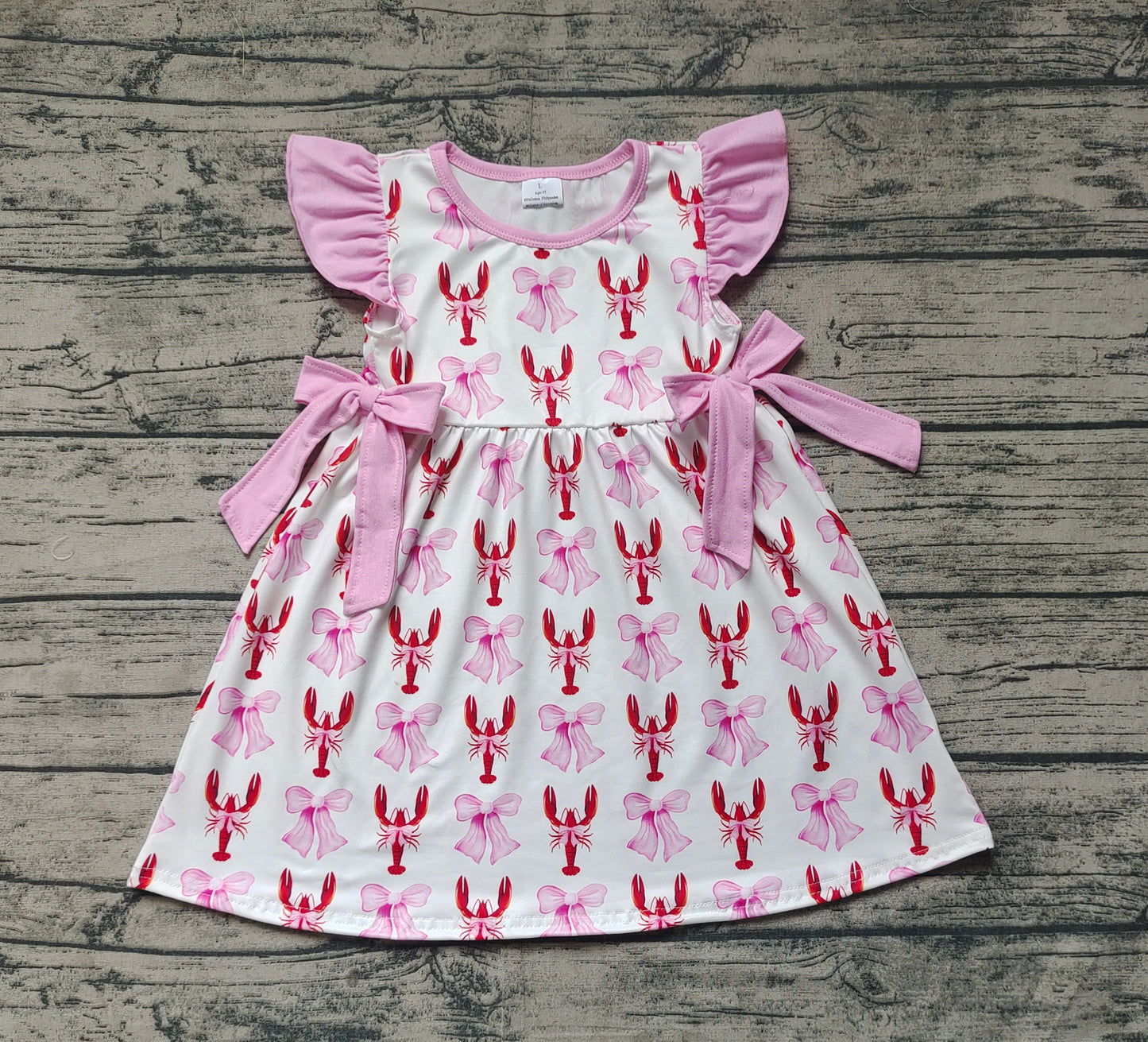 Baby Girl Short Sleeves Pink Bows Crawfish Knee Length Dress RTS