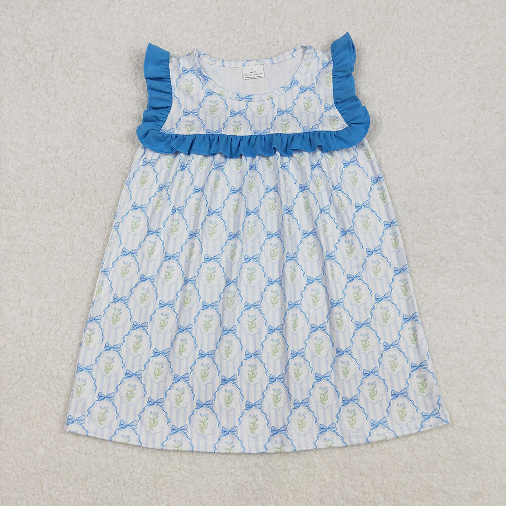 Baby Girl Kids Blue Bows Flower Sibling Romper Dress Clothes Set RTS