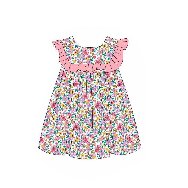 Preorder Baby Girl Short Sleeves Pink Ruffle Floral Knee Length Dress ( Moq 5 )