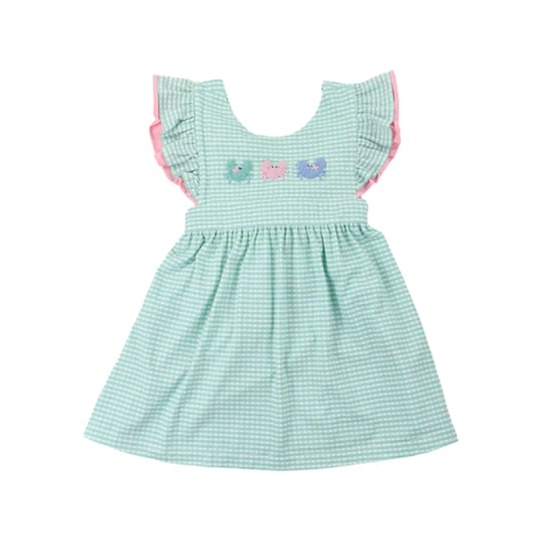 Preorder Baby Girl Short Sleeves Crabs Green Checked Knee Length Dress ( Moq 5 )