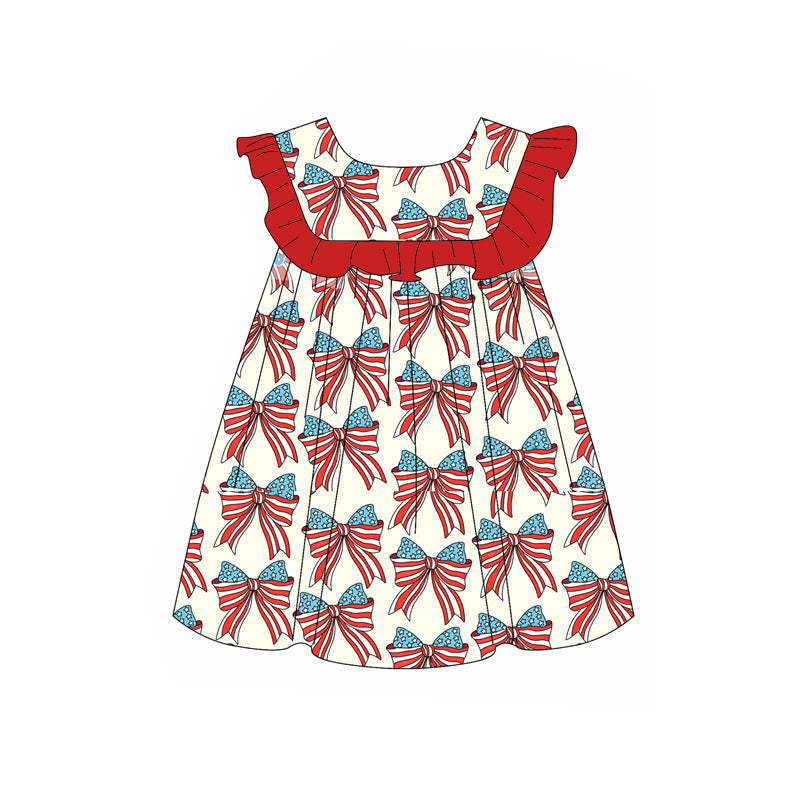 Preorder Baby Girl Short Sleeves 4th Of July Bows Knee Length Dress ( Moq 5 )