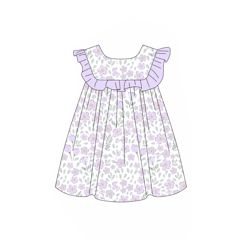 Preorder Baby Girl Short Sleeves Flower Purple Ruffle Knee Length Dress ( Moq 5 )