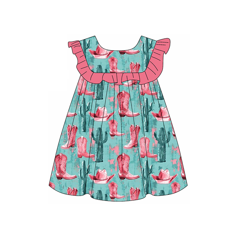Preorder Baby Girl Short Sleeves Western Boots Cactus Ruffle Knee Length Dress ( Moq 5 )