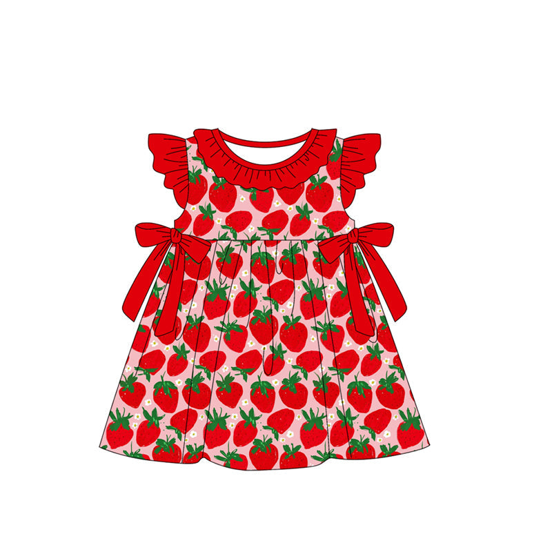 Preorder Baby Girl Short Sleeves Red Bows Strawberry Knee Length Dress ( Moq 5 )