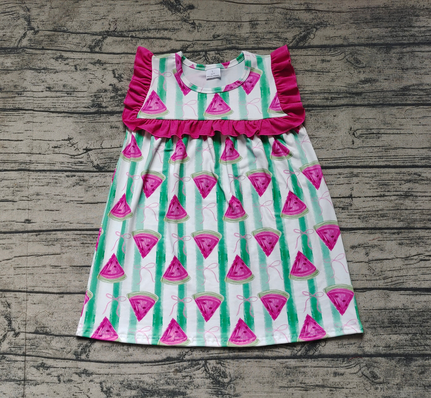 Baby Girl Short Sleeves Watermelon Pink Ruffle Knee Length Dress RTS