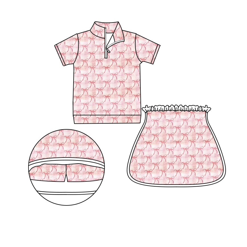 Preorder Baby Girl Short Sleeves Bows Zip Shirt Shorts Skirt Skort Clothes Set ( Moq 5 )