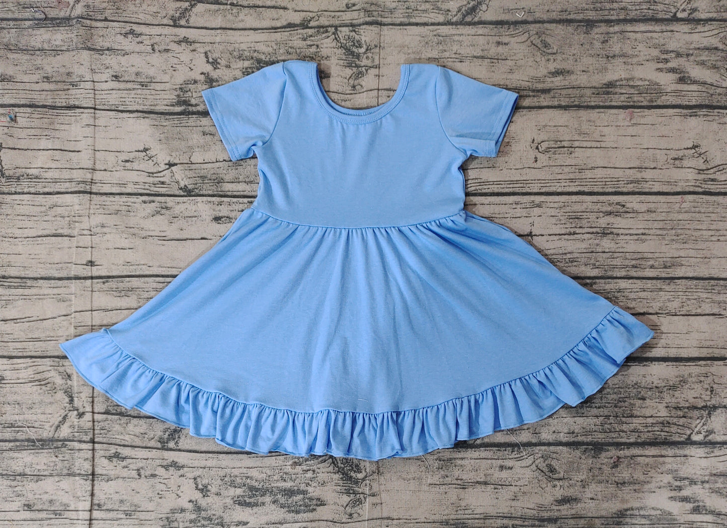 Baby Girl Short Sleeves Blue Cotton Ruffle Knee Length Dress RTS