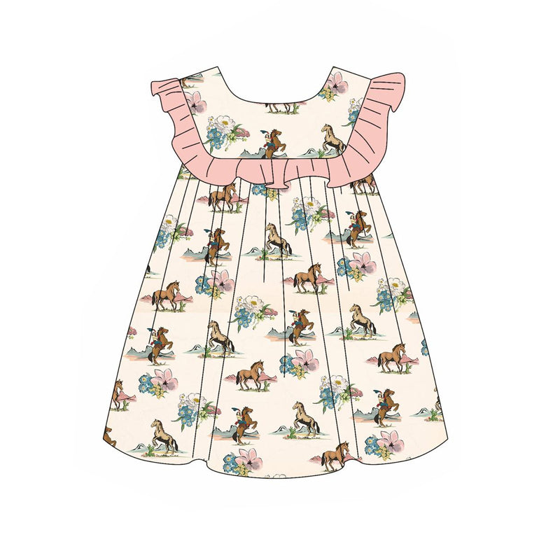 Preorder Baby Girl Western Horse Flower Knee Length Dress ( Moq 5 )