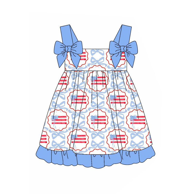 Preorder Baby Girl Straps Blue Bows Flags Knee Length Dress ( Moq 5 )