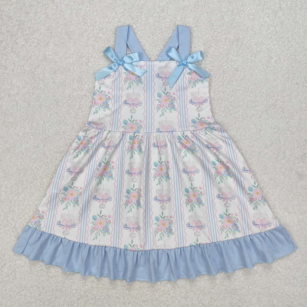 Baby Girl Straps Flower Cakes Bows Sibling Blue Dress Set Clothes RTS