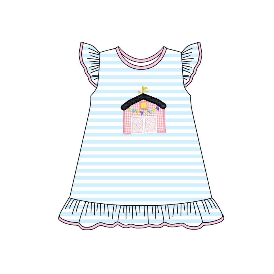 Preorder Baby Girl Short Sleeves Blue Stripes Farm House Dress ( Moq 5 )