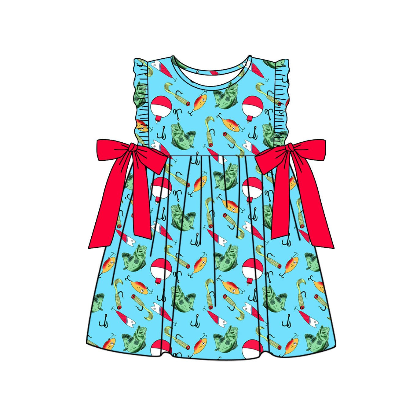 Baby Girl Short Sleeves Fishing Red Bows Knee Length Dress ( No moq )
