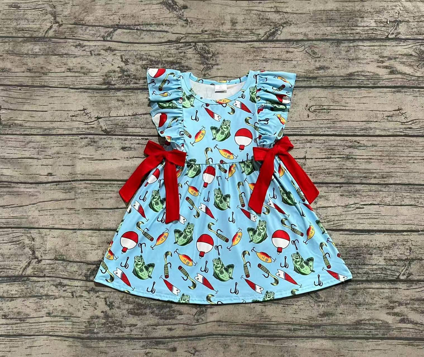 Baby Girl Short Sleeves Fishing Red Bows Knee Length Dress ( No moq )