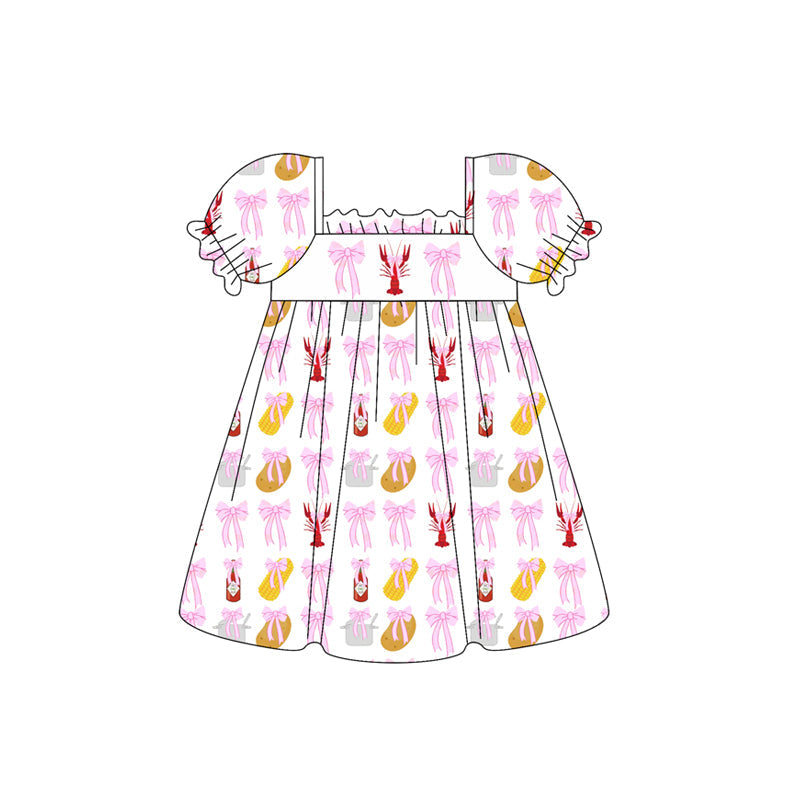 Preorder Baby Girl Short Sleeves Crayfish Bows Knee Length Dress ( Moq 5 )
