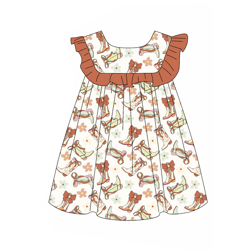 Preorder Baby Girl Short Sleeves Boots Bows Flower Knee Length Dress ( Moq 5 )