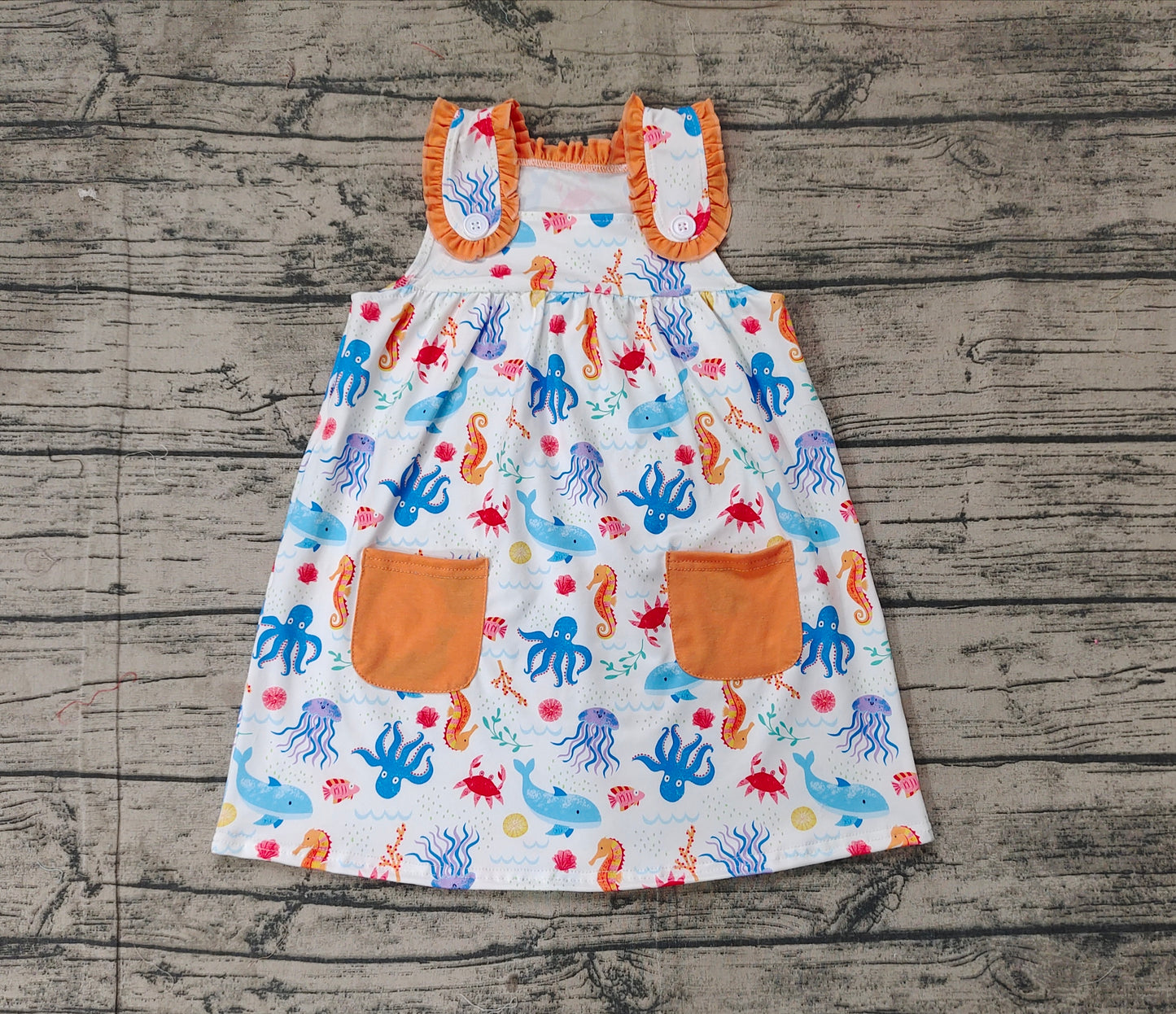 Preorder Baby Girl Sleeveless Ocean Animals Pockets Knee Length Dress RTS
