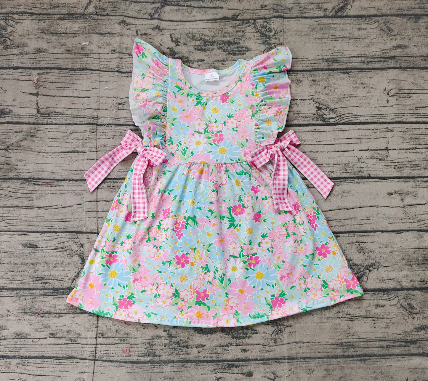 Baby Girl Ruffle Short Sleeves Flower Checked Bows Summer Knee Length Dress RTS