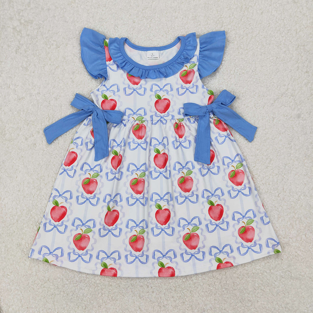 Baby Girl Toddler Short Sleeves Apple Blue Bows Sibling Dress Outfit Clothes RTS