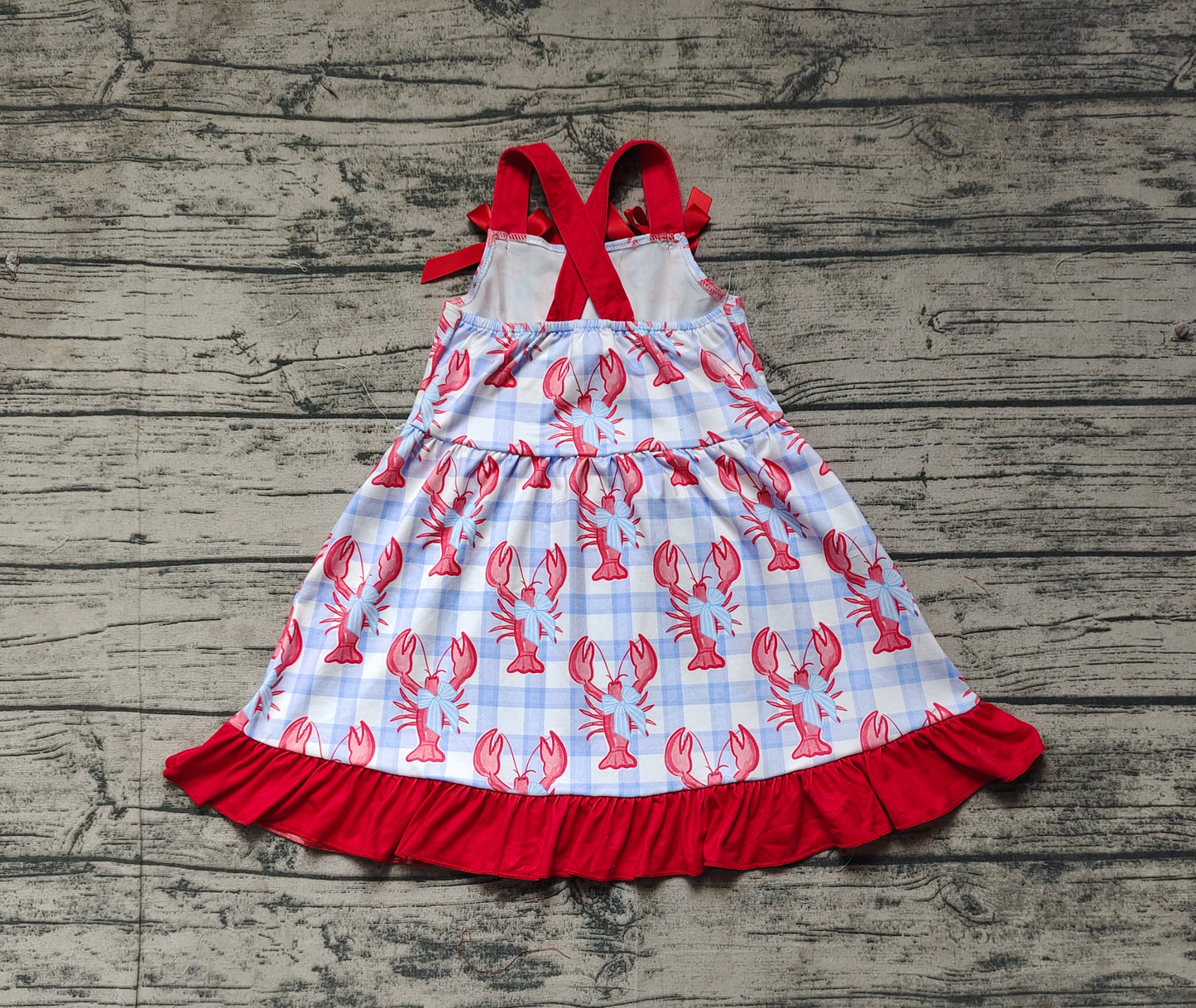 Baby Girl Straps Checkered Crawfish Bows Knee Length Dress RTS