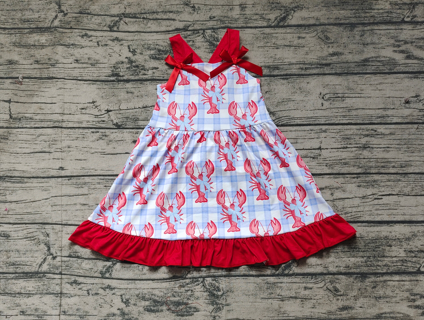 Baby Girl Straps Checkered Crawfish Bows Knee Length Dress RTS