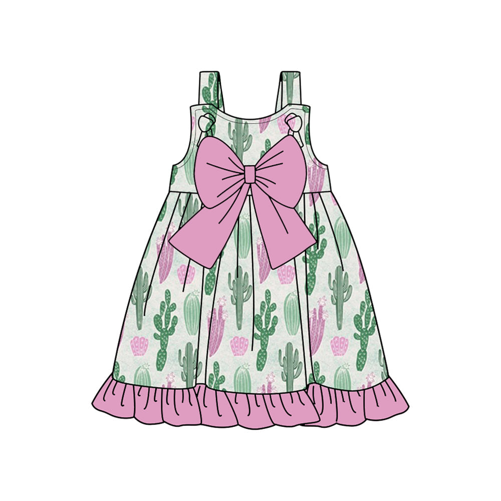 Preorder Baby Girl Cactus Pink Bow Ruffle Knee Length Dress ( Moq 5 )